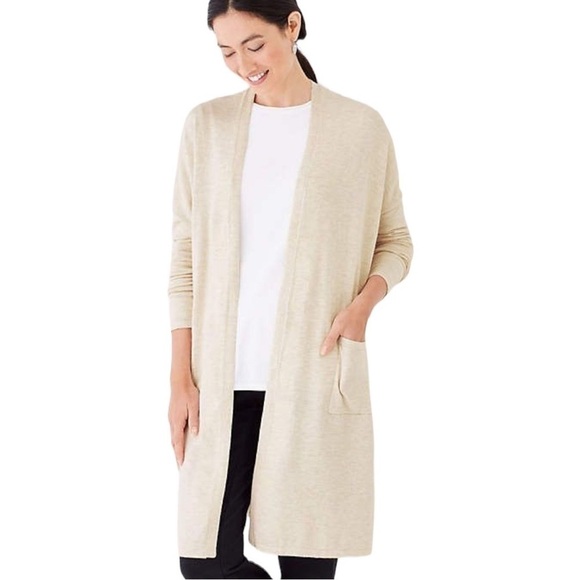 J. Jill Pure Jill Open Front Longline Cardigan with Pockets in Oatmeal Heather M - Picture 1 of 9